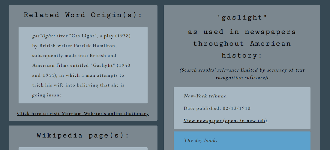 screenshot of an app that allows user to search for the history of an English word