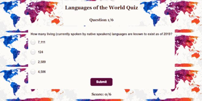 screenshot of a quiz about the languages of the world