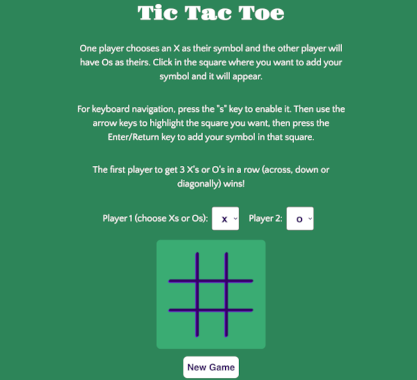 a screenshot of a tic tac toe board with instructions and a New Game button
