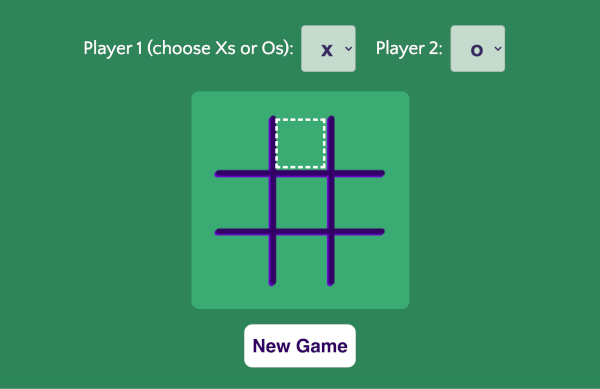 a screenshot showing the tic tac toe app's white dash-outlined box which indicates that keyboard navigation is active