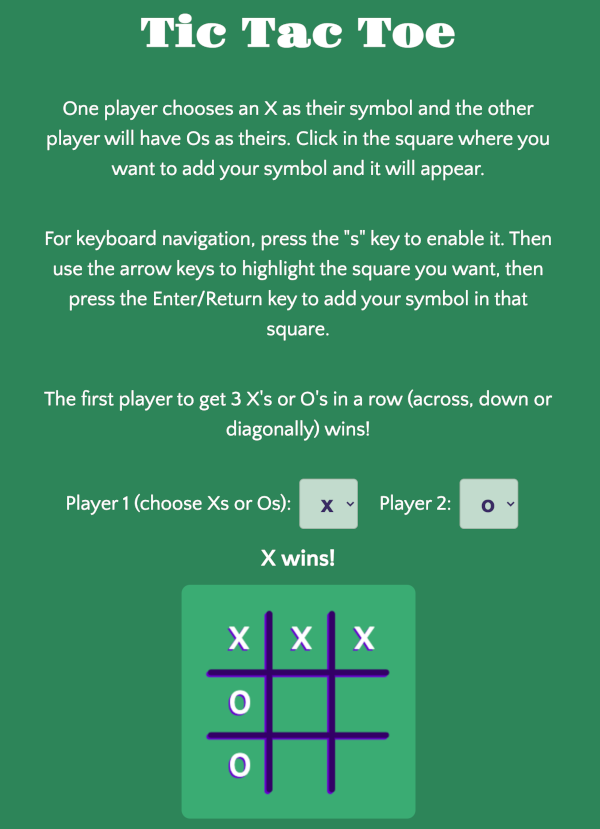 a screenshot showing a win scenario where X has won because three X's have been played diagonally from the top left square to the bottom right square